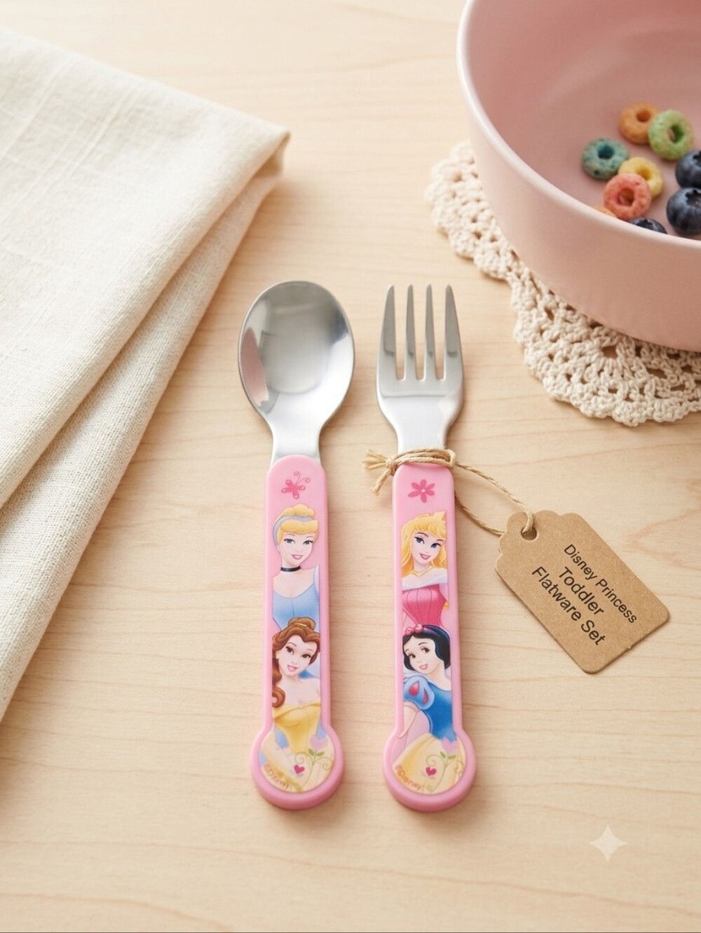 Vintage Disney Princess Toddler Fork & Spoon Flatware Set - Stainless Steel Pink